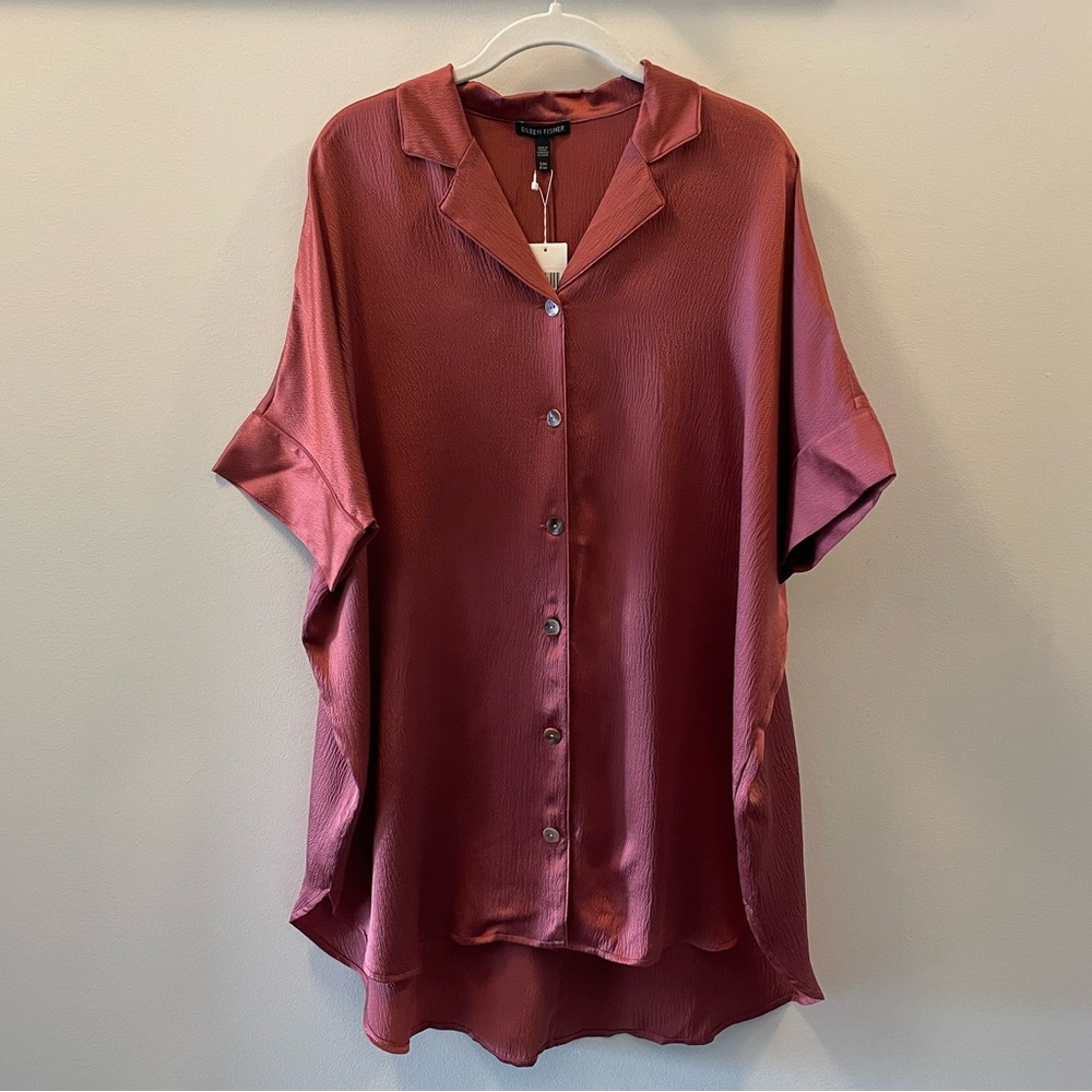 Eileen Fisher NWT Hammered Silk Collar Shirt Blouse